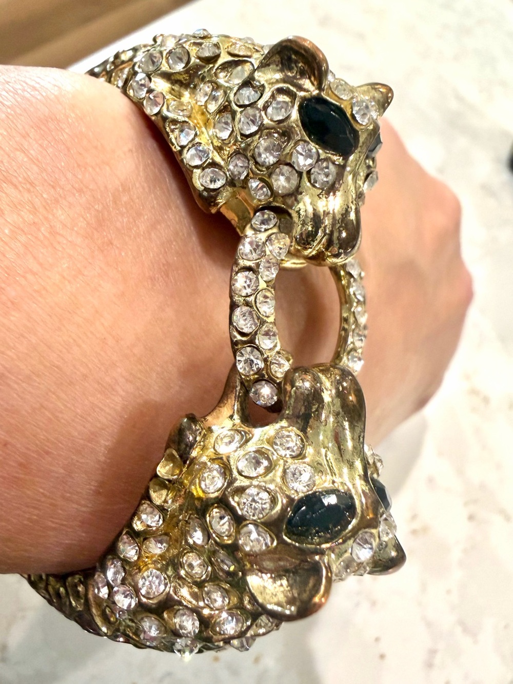 Vintage 1980s Pave Rhinestone Double Panther Clamper Bangle Bracelet